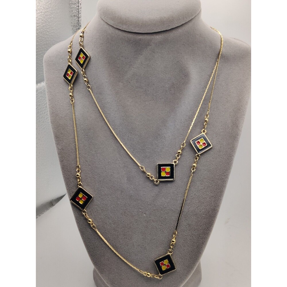Enamel dual chain Double sided geometric art deco Dainty Necklace Costume 28'